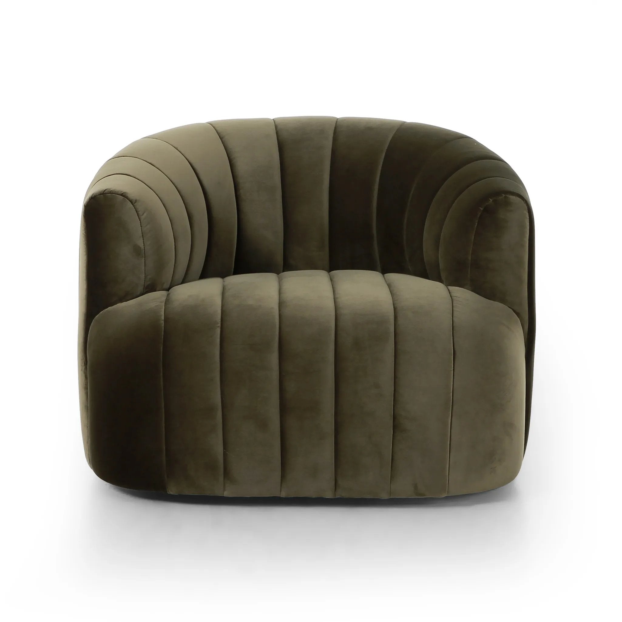 Featuring Elliana Surrey Olive Swivel Chair by Four Hands at Amethyst Home. Meet the chair that offers it all: curves, color, texture, durability, and sustainability. All atop a modern 360-degree swivel. Easy to clean and made from fully recyclable materials, FIQA fabrics are machine-washable, stain-resistant, water-repellent and antimicrobial.Overall D. Amethyst Home provides interior design, new home construction design consulting, vintage area rugs, and lighting in the Winter Garden metro area.
