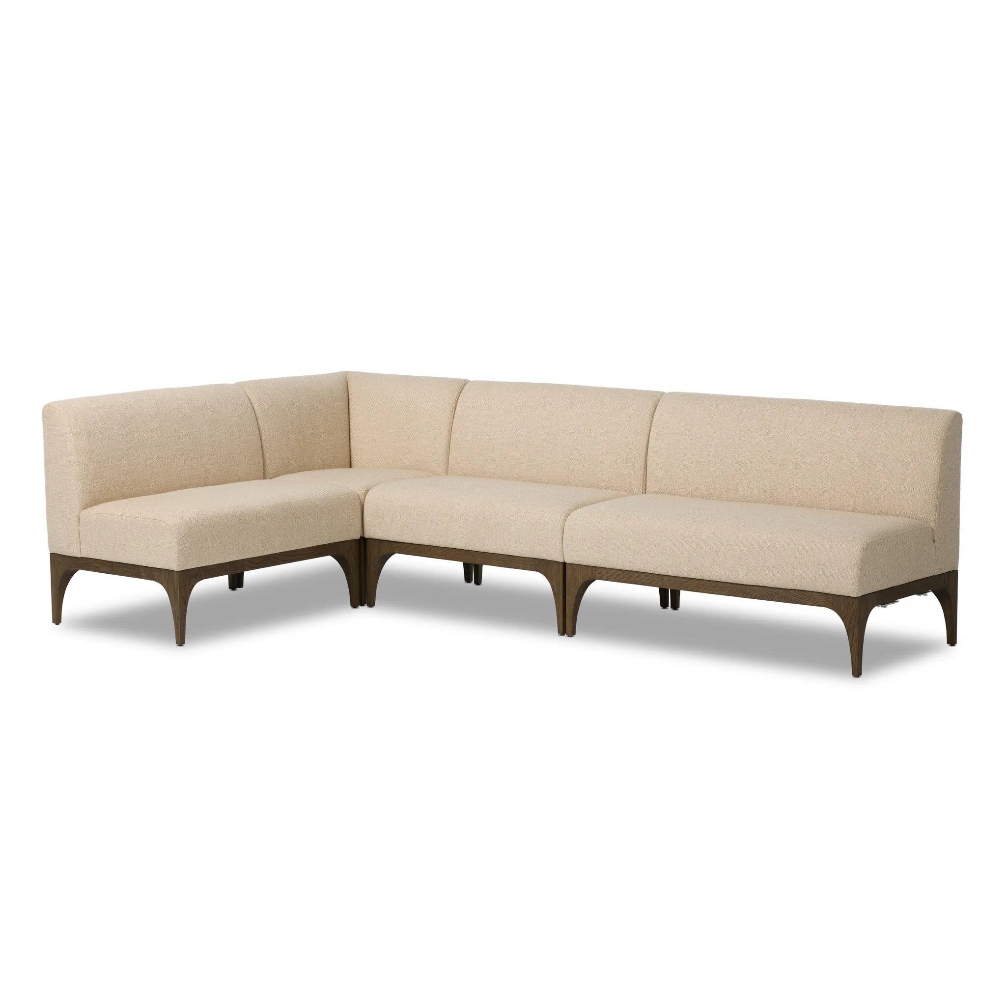 This timeless look works seamlessly into a wide range of styles and collections. With tapered wooden legs with a small curve detailing, plus an inviting U shape for that traditional banquette look. Upholstered in a beautifully neutral performance fabric, connected with alligator clips at the bottom. Amethyst Home provides interior design, new home construction design consulting, vintage area rugs, and lighting in the Seattle metro area.