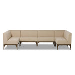 This timeless look works seamlessly into a wide range of styles and collections. With tapered wooden legs with a small curve detailing, plus an inviting U shape for that traditional banquette look. Upholstered in a beautifully neutral performance fabric, connected with alligator clips at the bottom. Configured for rectangular dining tables. Amethyst Home provides interior design, new home construction design consulting, vintage area rugs, and lighting in the Newport Beach metro area.