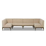 This timeless look works seamlessly into a wide range of styles and collections. With tapered wooden legs with a small curve detailing, plus an inviting U shape for that traditional banquette look. Upholstered in a beautifully neutral performance fabric, connected with alligator clips at the bottom. Configured for rectangular dining tables. Amethyst Home provides interior design, new home construction design consulting, vintage area rugs, and lighting in the Newport Beach metro area.