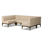 This timeless look works seamlessly into a wide range of styles and collections. With tapered wooden legs with a small curve detailing, plus an inviting U shape for that traditional banquette look. Upholstered in a beautifully neutral performance fabric, connected with alligator clips at the bottom. Configured for rectangular dining tables. Amethyst Home provides interior design, new home construction design consulting, vintage area rugs, and lighting in the Scottsdale metro area.