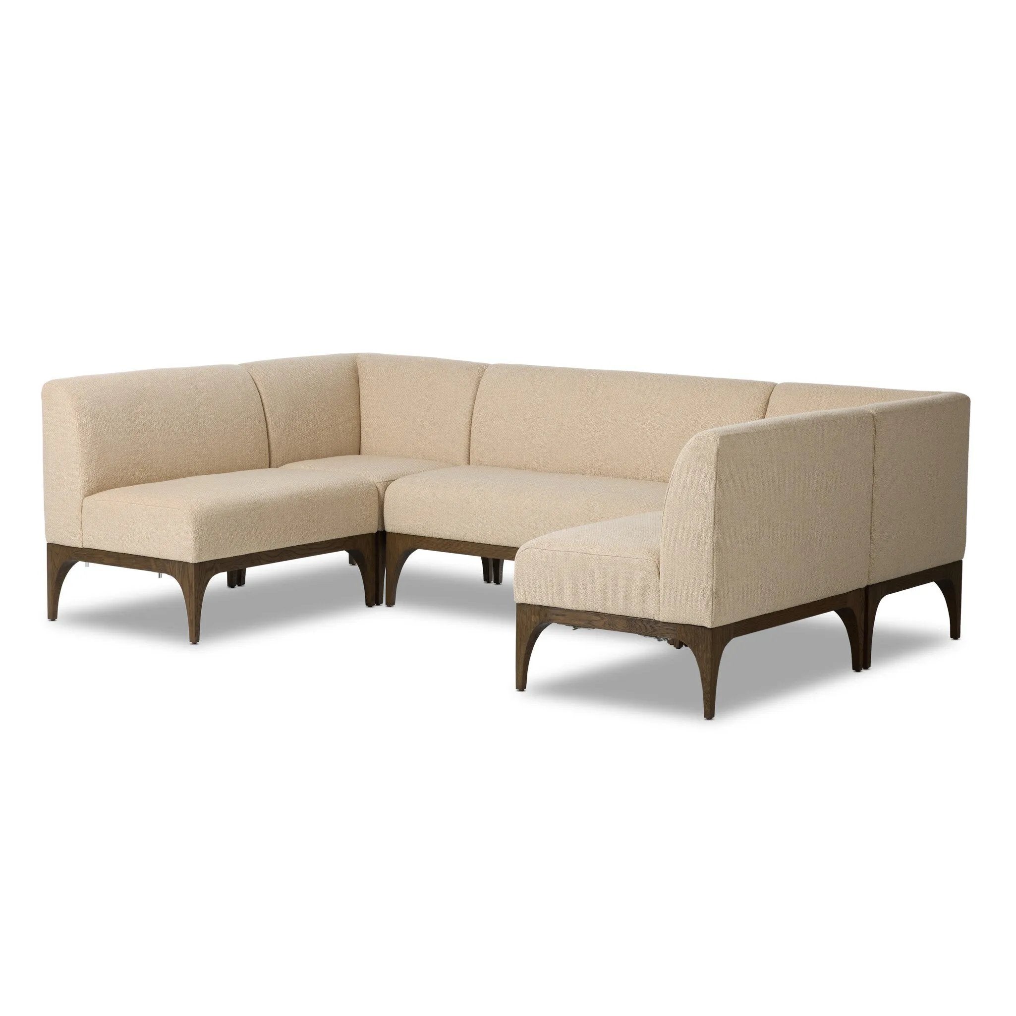 This timeless look works seamlessly into a wide range of styles and collections. With tapered wooden legs with a small curve detailing, plus an inviting U shape for that traditional banquette look. Upholstered in a beautifully neutral performance fabric, connected with alligator clips at the bottom. Configured for rectangular dining tables. Amethyst Home provides interior design, new home construction design consulting, vintage area rugs, and lighting in the Scottsdale metro area.