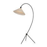 A dramatically curved silhouette and tripod base of matte black metal pair with a flax linen shade for this floor lamp's shapely, minimalist feel Amethyst Home provides interior design, new home construction design consulting, vintage area rugs, and lighting in the Dallas metro area.