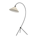 A dramatically curved silhouette and tripod base of matte black metal pair with a flax linen shade for this floor lamp's shapely, minimalist feel Amethyst Home provides interior design, new home construction design consulting, vintage area rugs, and lighting in the San Diego metro area.