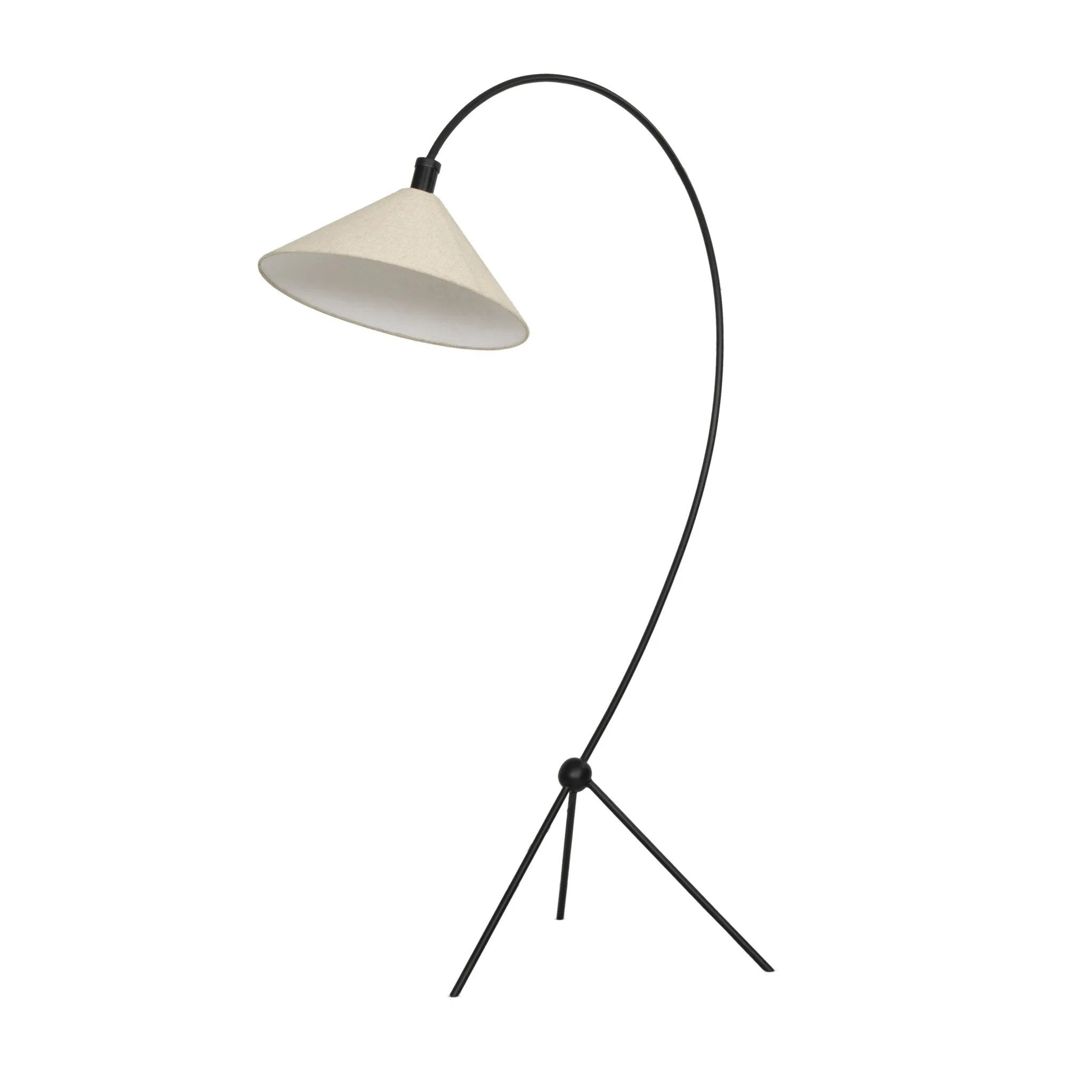 A dramatically curved silhouette and tripod base of matte black metal pair with a flax linen shade for this floor lamp's shapely, minimalist feel Amethyst Home provides interior design, new home construction design consulting, vintage area rugs, and lighting in the San Diego metro area.