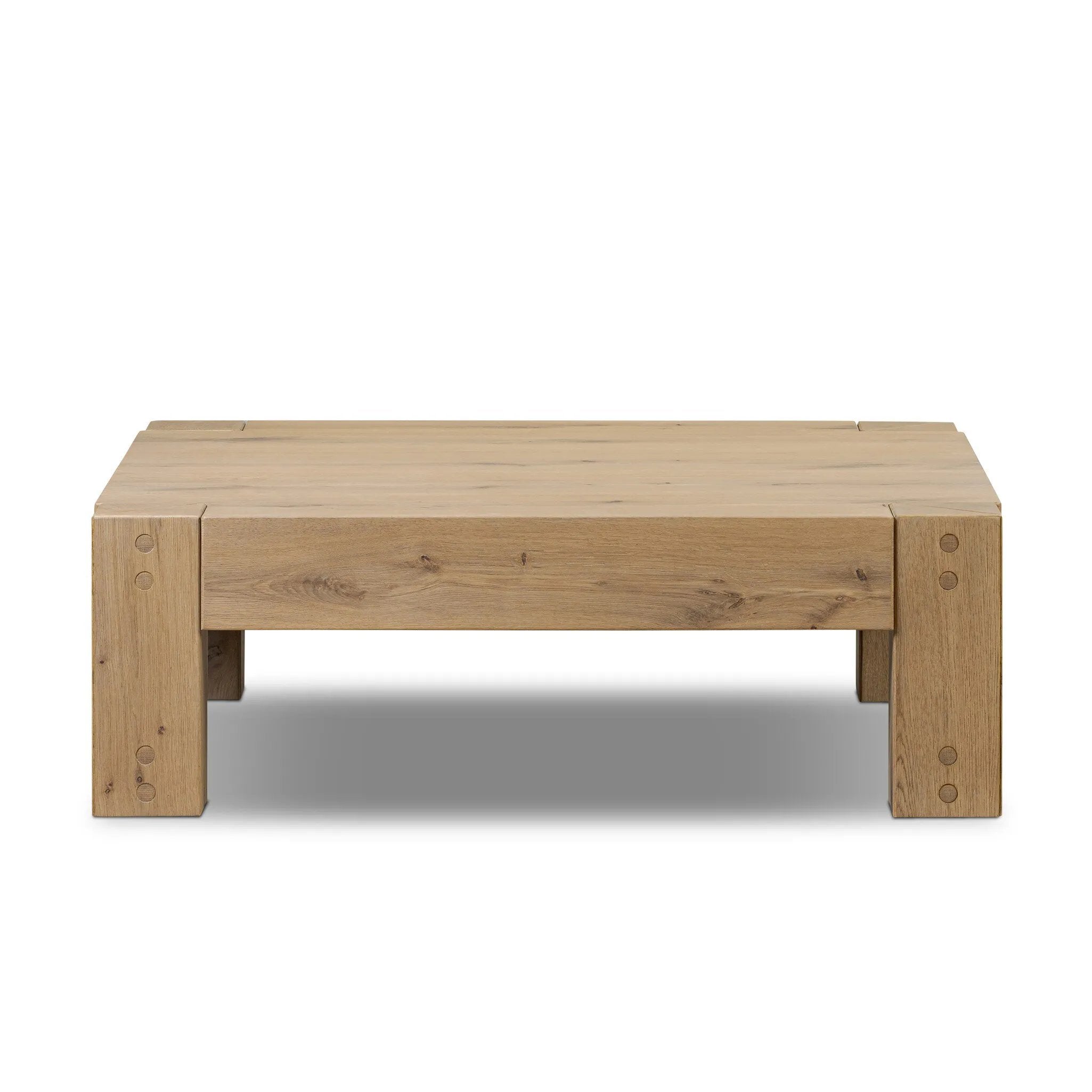Built from thick-cut oak and veneers with an aged smoked finish, this farmhouse-inspired coffee table features chunky squared legs Amethyst Home provides interior design, new home construction design consulting, vintage area rugs, and lighting in the Nashville metro area.