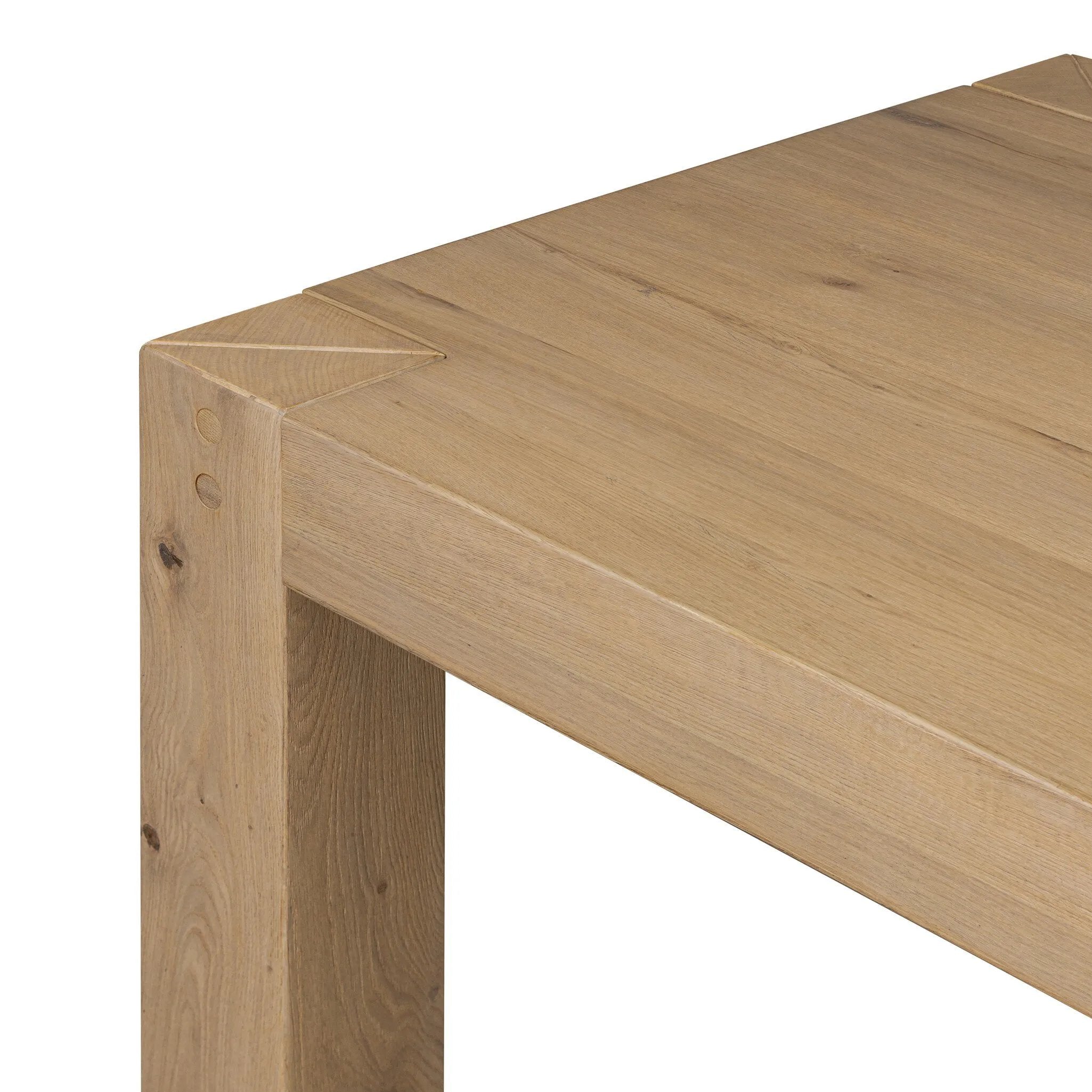 Built from thick-cut oak and veneers with an aged smoked finish, this farmhouse-inspired dining table features chunky squared legs. Seats eight comfortably Amethyst Home provides interior design, new home construction design consulting, vintage area rugs, and lighting in the Portland metro area.