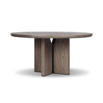 Inspired by minimalist Nordic design, a grey-finished oak dining table has a base of four plinth legs for a simple but impactful detail Amethyst Home provides interior design, new home construction design consulting, vintage area rugs, and lighting in the Los Angeles metro area.
