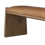 Top-grain leather and worn, solid oak fuse for a substantial, streamlined bench inspired by Nordic Minimalism Amethyst Home provides interior design, new home construction design consulting, vintage area rugs, and lighting in the Calabasas metro area.