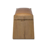 Top-grain leather and worn, solid oak fuse for a substantial, streamlined bench inspired by Nordic Minimalism Amethyst Home provides interior design, new home construction design consulting, vintage area rugs, and lighting in the Tampa metro area.