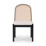 Ebony nettlewood shapes the arched, angled back of this simply shaped, armless dining chair. Natural crosshatch cane adds a light texture to complement the creamy, neutral upholstered seat. Performance fabrics are specially created to withstand spills, stains, high traffic and wear, ensuring long-term comfort and unmatched durability Amethyst Home provides interior design, new home construction design consulting, vintage area rugs, and lighting in the Boston metro area.
