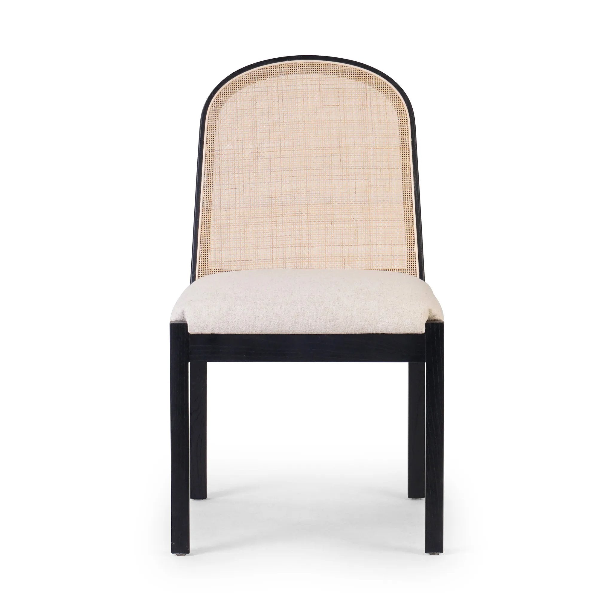 Ebony nettlewood shapes the arched, angled back of this simply shaped, armless dining chair. Natural crosshatch cane adds a light texture to complement the creamy, neutral upholstered seat. Performance fabrics are specially created to withstand spills, stains, high traffic and wear, ensuring long-term comfort and unmatched durability Amethyst Home provides interior design, new home construction design consulting, vintage area rugs, and lighting in the Boston metro area.