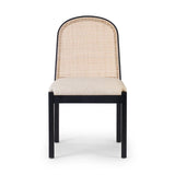 Ebony nettlewood shapes the arched, angled back of this simply shaped, armless dining chair. Natural crosshatch cane adds a light texture to complement the creamy, neutral upholstered seat. Performance fabrics are specially created to withstand spills, stains, high traffic and wear, ensuring long-term comfort and unmatched durability Amethyst Home provides interior design, new home construction design consulting, vintage area rugs, and lighting in the Newport Beach metro area.