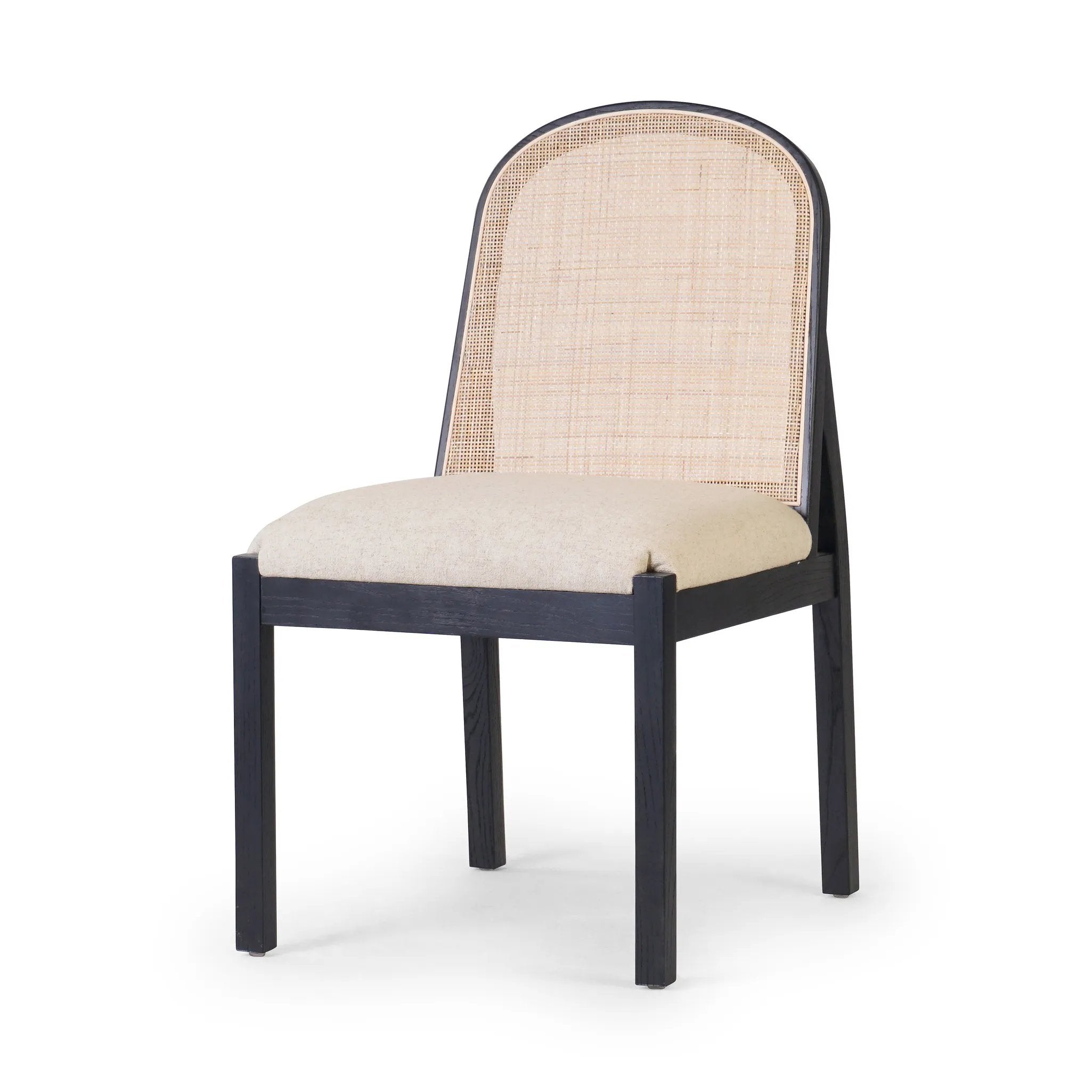 Ebony nettlewood shapes the arched, angled back of this simply shaped, armless dining chair. Natural crosshatch cane adds a light texture to complement the creamy, neutral upholstered seat. Performance fabrics are specially created to withstand spills, stains, high traffic and wear, ensuring long-term comfort and unmatched durability Amethyst Home provides interior design, new home construction design consulting, vintage area rugs, and lighting in the Omaha metro area.