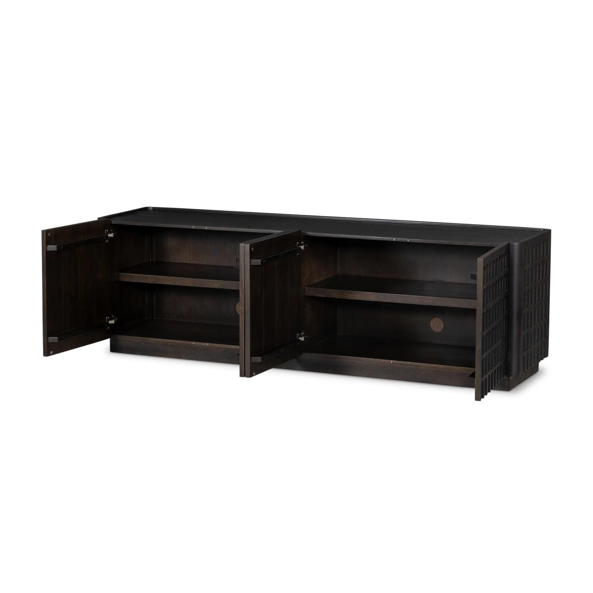 A carved geometric pattern adds a layer of visual depth to this vintage brown-finished mango media console. Rounded edges and a recessed top surface complete the look. Rear cutouts for cord management.As lovers of natural design at Amethyst, we love the optimistic inspired Essie Media Console - Vintage Brown. Amethyst Home provides interior design, new home construction design consulting, vintage area rugs, and lighting in the San Diego metro area.