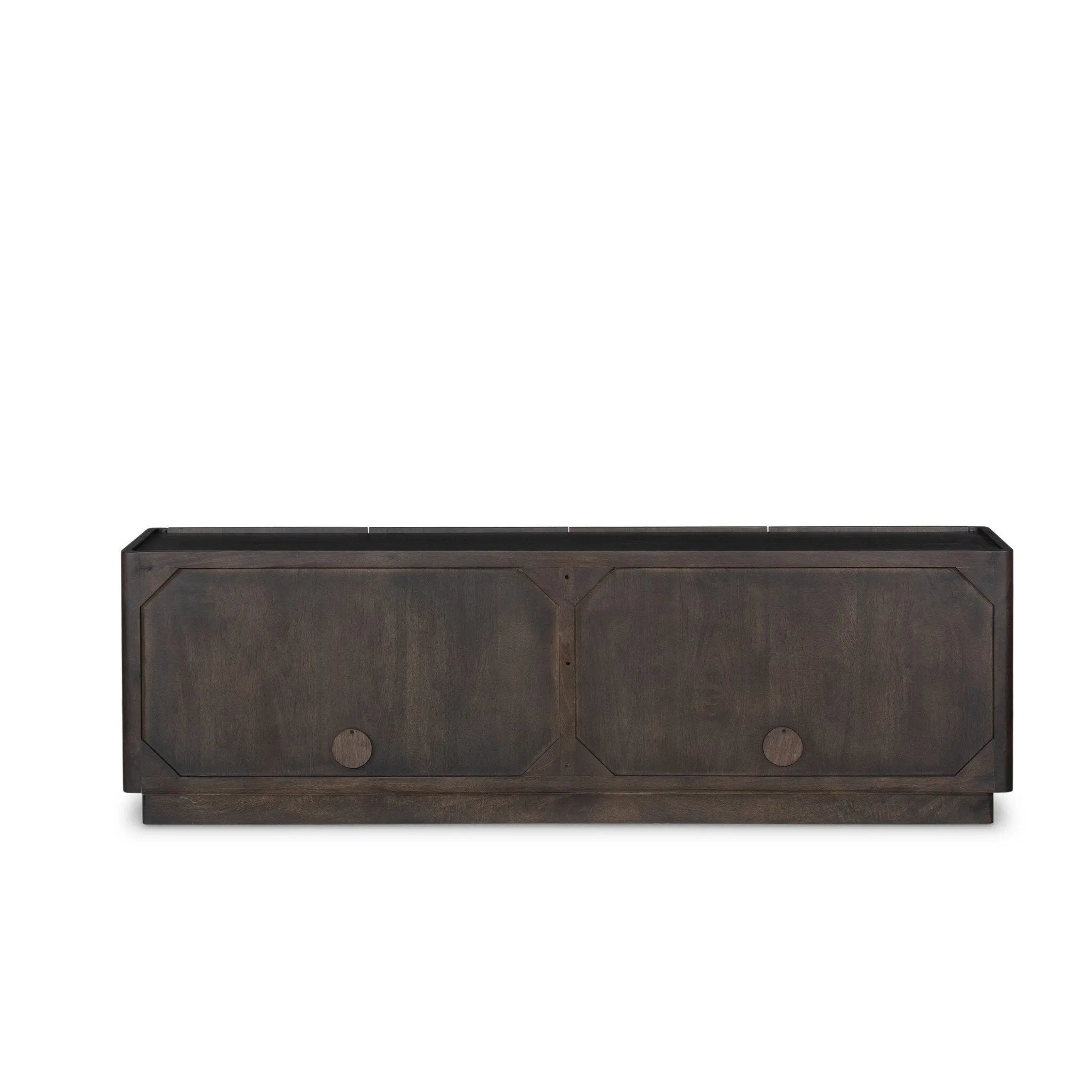A carved geometric pattern adds a layer of visual depth to this vintage brown-finished mango media console. Rounded edges and a recessed top surface complete the look. Rear cutouts for cord management.As lovers of natural design at Amethyst, we love the optimistic inspired Essie Media Console - Vintage Brown. Amethyst Home provides interior design, new home construction design consulting, vintage area rugs, and lighting in the Seattle metro area.