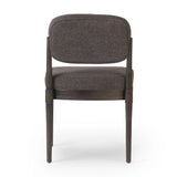 Featuring Esther Antwerp Noir Dining Chair by Four Hands at Amethyst Home. Modern materials place an updated twist on the traditional armless dining chair. Linen/cotton blend cushioning upholstered in high-performance fabric, perfect for everyday dining. Simply framed by burnt oak. Performance fabrics are specially created to withstand spills, stains, high tra. Amethyst Home provides interior design, new home construction design consulting, vintage area rugs, and lighting in the Dallas metro area.