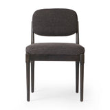 Featuring Esther Antwerp Noir Dining Chair by Four Hands at Amethyst Home. Modern materials place an updated twist on the traditional armless dining chair. Linen/cotton blend cushioning upholstered in high-performance fabric, perfect for everyday dining. Simply framed by burnt oak. Performance fabrics are specially created to withstand spills, stains, high traf. Amethyst Home provides interior design, new home construction design consulting, vintage area rugs, and lighting in the Tampa metro area.