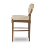 Modern materials place an updated twist on the traditional bar stool. Linen/cotton blend cushioning features a faint pinstripe for a unique-while-versatile look. Simply framed by brown oak and perfect in pairs or multiples Amethyst Home provides interior design, new home construction design consulting, vintage area rugs, and lighting in the Los Angeles metro area.