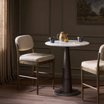 Modern materials place an updated twist on the traditional bar stool. Linen/cotton blend cushioning features a faint pinstripe for a unique-while-versatile look. Simply framed by brown oak and perfect in pairs or multiples Amethyst Home provides interior design, new home construction design consulting, vintage area rugs, and lighting in the Monterey metro area.