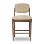 Modern materials place an updated twist on the traditional bar stool. Linen/cotton blend cushioning features a faint pinstripe for a unique-while-versatile look. Simply framed by brown oak and perfect in pairs or multiples Amethyst Home provides interior design, new home construction design consulting, vintage area rugs, and lighting in the Nashville metro area.