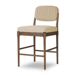 Modern materials place an updated twist on the traditional bar stool. Linen/cotton blend cushioning features a faint pinstripe for a unique-while-versatile look. Simply framed by brown oak and perfect in pairs or multiples Amethyst Home provides interior design, new home construction design consulting, vintage area rugs, and lighting in the Portland metro area.