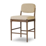Modern materials place an updated twist on the traditional bar stool. Linen/cotton blend cushioning features a faint pinstripe for a unique-while-versatile look. Simply framed by brown oak and perfect in pairs or multiples Amethyst Home provides interior design, new home construction design consulting, vintage area rugs, and lighting in the Portland metro area.