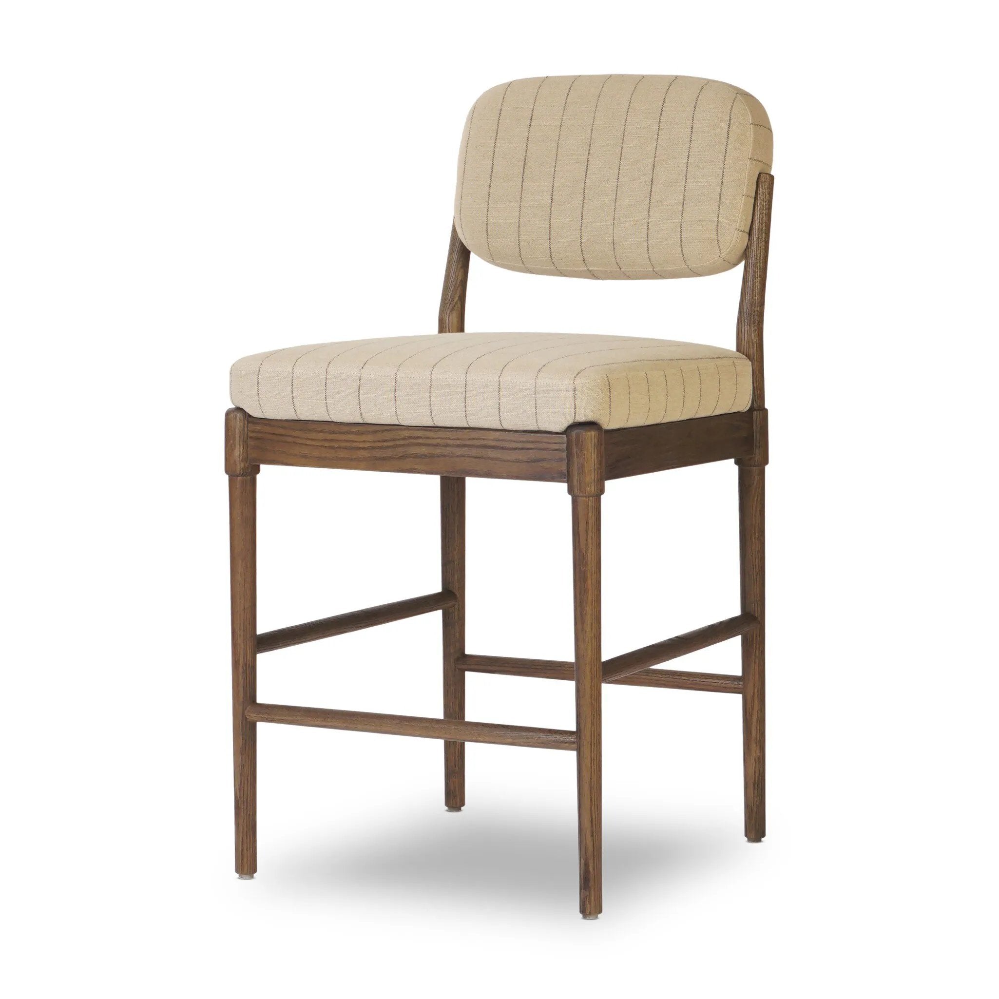 Modern materials place an updated twist on the traditional bar stool. Linen/cotton blend cushioning features a faint pinstripe for a unique-while-versatile look. Simply framed by brown oak and perfect in pairs or multiples Amethyst Home provides interior design, new home construction design consulting, vintage area rugs, and lighting in the Portland metro area.