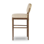 Modern materials place an updated twist on the traditional bar stool. Linen/cotton blend cushioning features a faint pinstripe for a unique-while-versatile look. Simply framed by brown oak and perfect in pairs or multiples Amethyst Home provides interior design, new home construction design consulting, vintage area rugs, and lighting in the Seattle metro area.