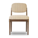 Featuring Esther Lavon Flint Dining Chair by Four Hands at Amethyst Home. Modern materials place an updated twist on the traditional armless dining chair. Linen/cotton blend cushioning features a faint pinstripe for a unique-while-versatile look. Simply framed by brown oak. Overall Dimensions: 21.25"w x 24.25"d x 33.50"h. Amethyst Home provides interior design, new home construction design consulting, vintage area rugs, and lighting in the Newport Beach metro area.