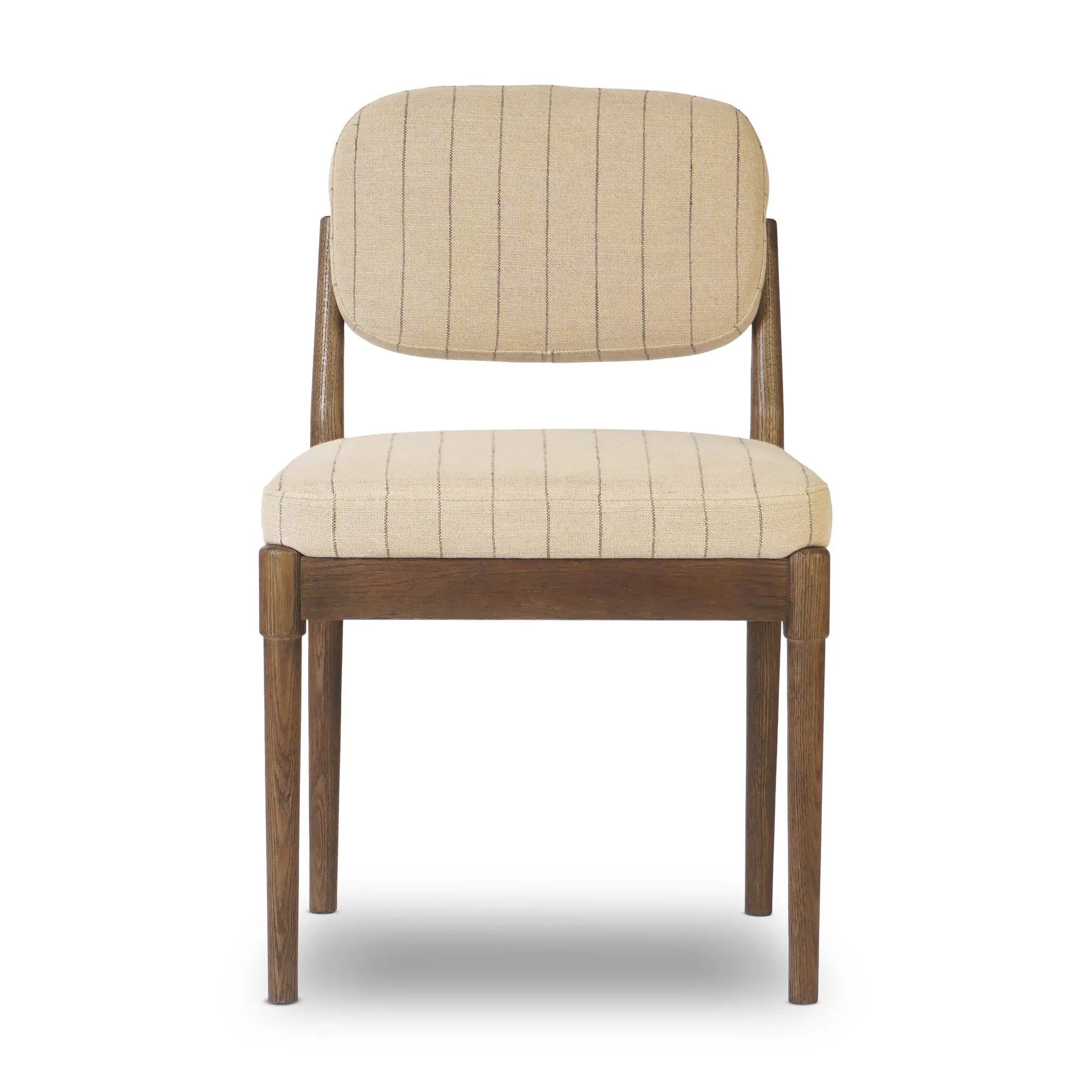Featuring Esther Lavon Flint Dining Chair by Four Hands at Amethyst Home. Modern materials place an updated twist on the traditional armless dining chair. Linen/cotton blend cushioning features a faint pinstripe for a unique-while-versatile look. Simply framed by brown oak. Overall Dimensions: 21.25"w x 24.25"d x 33.50"h. Amethyst Home provides interior design, new home construction design consulting, vintage area rugs, and lighting in the Newport Beach metro area.