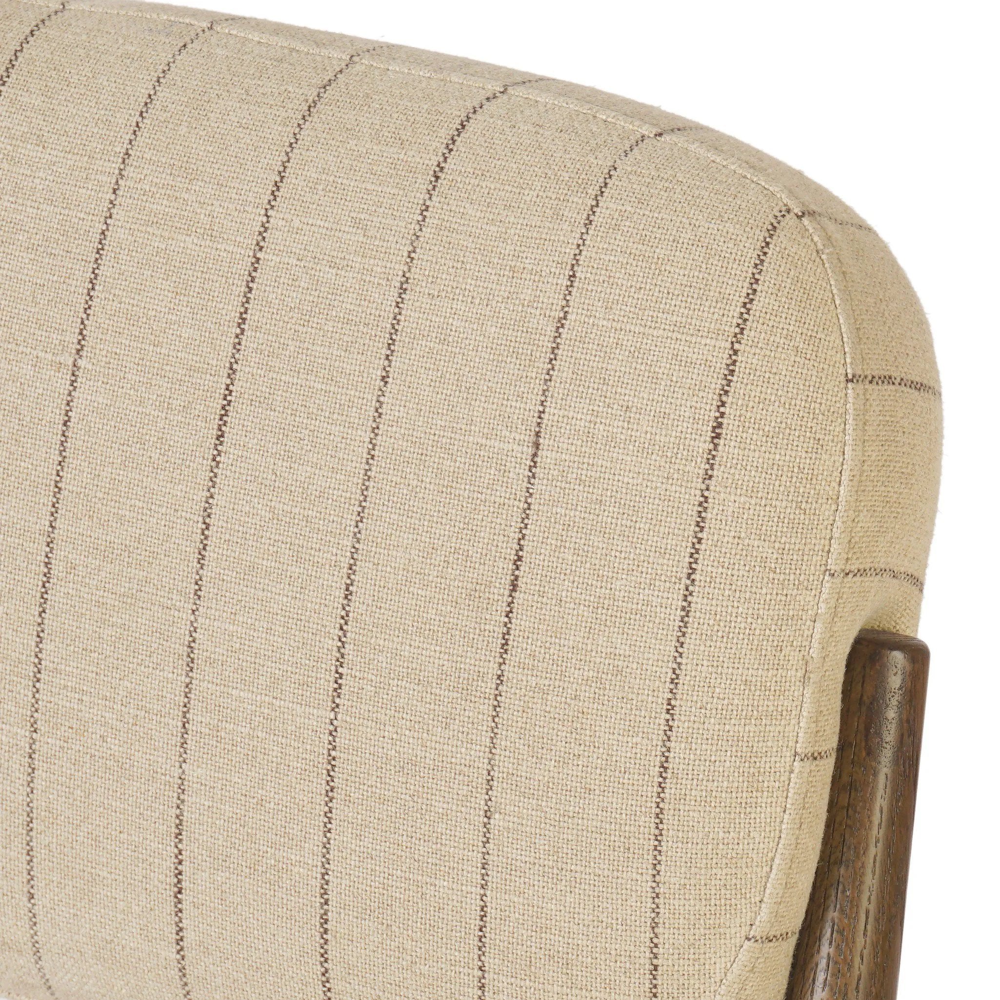 Featuring Esther Lavon Flint Dining Chair by Four Hands at Amethyst Home. Modern materials place an updated twist on the traditional armless dining chair. Linen/cotton blend cushioning features a faint pinstripe for a unique-while-versatile look. Simply framed by brown oak. Overall Dimensions: 21.25"w x 24.25"d x 33.50"h. Amethyst Home provides interior design, new home construction design consulting, vintage area rugs, and lighting in the San Diego metro area.