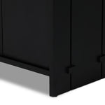 Featuring Etro Black Wash Poplar Media Console by Four Hands at Amethyst Home. Inspired by retro European design, a character-rich media console is made from black-finished poplar, with mortise and tenon joinery spanning its sides. Door pulls of top-grain leather add a textural finishing touch, while three rear cutouts keep cords out of sight.Overall Dimension. Amethyst Home provides interior design, new home construction design consulting, vintage area rugs, and lighting in the Boston metro area.