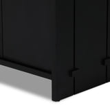 Featuring Etro Black Wash Poplar Media Console by Four Hands at Amethyst Home. Inspired by retro European design, a character-rich media console is made from black-finished poplar, with mortise and tenon joinery spanning its sides. Door pulls of top-grain leather add a textural finishing touch, while three rear cutouts keep cords out of sight.Overall Dimension. Amethyst Home provides interior design, new home construction design consulting, vintage area rugs, and lighting in the Boston metro area.