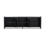 Featuring Etro Black Wash Poplar Media Console by Four Hands at Amethyst Home. Inspired by retro European design, a character-rich media console is made from black-finished poplar, with mortise and tenon joinery spanning its sides. Door pulls of top-grain leather add a textural finishing touch, while three rear cutouts keep cords out of sight.Overall Dimensio. Amethyst Home provides interior design, new home construction design consulting, vintage area rugs, and lighting in the Seattle metro area.