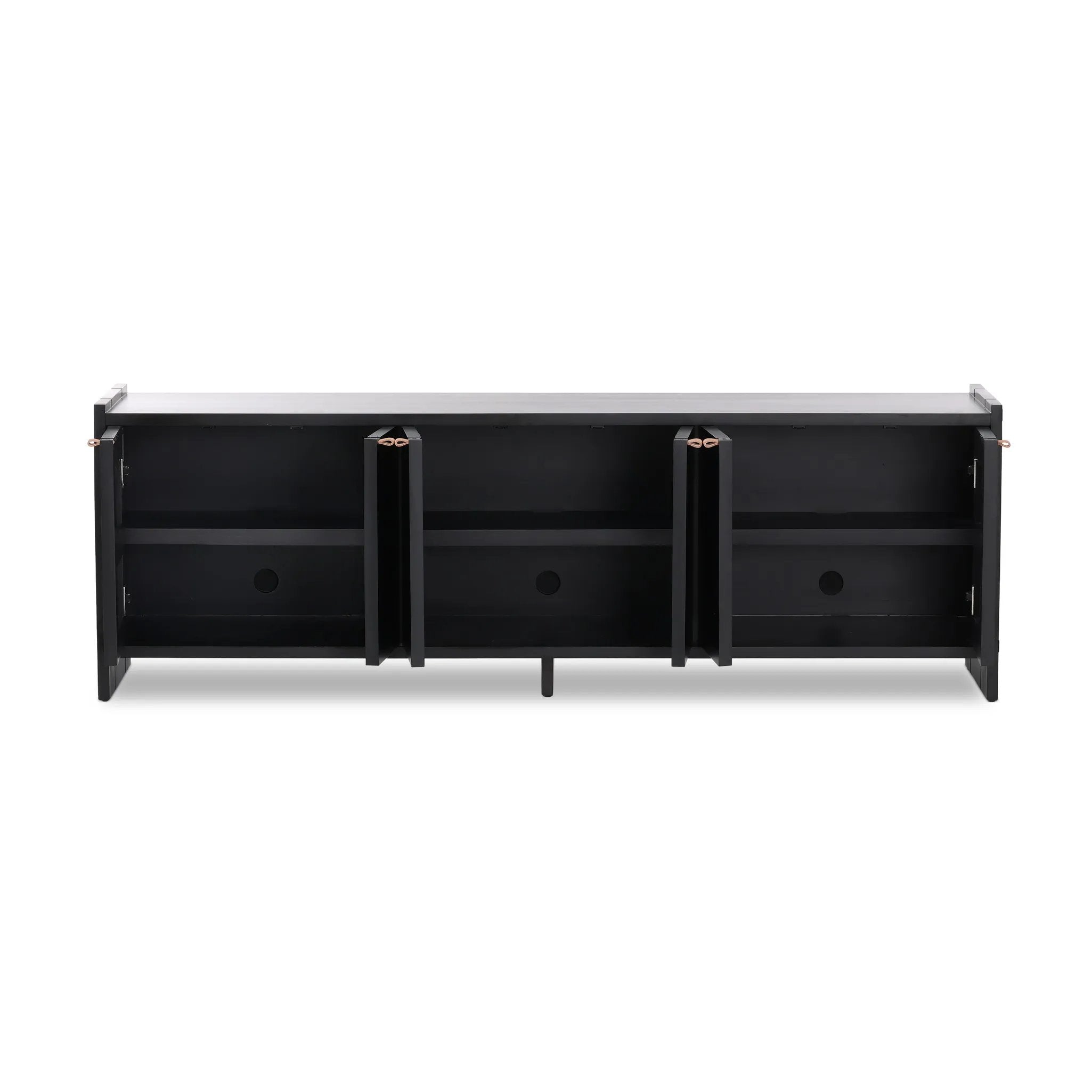 Featuring Etro Black Wash Poplar Media Console by Four Hands at Amethyst Home. Inspired by retro European design, a character-rich media console is made from black-finished poplar, with mortise and tenon joinery spanning its sides. Door pulls of top-grain leather add a textural finishing touch, while three rear cutouts keep cords out of sight.Overall Dimensio. Amethyst Home provides interior design, new home construction design consulting, vintage area rugs, and lighting in the Seattle metro area.
