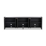 Featuring Etro Black Wash Poplar Media Console by Four Hands at Amethyst Home. Inspired by retro European design, a character-rich media console is made from black-finished poplar, with mortise and tenon joinery spanning its sides. Door pulls of top-grain leather add a textural finishing touch, while three rear cutouts keep cords out of sight.Overall Di. Amethyst Home provides interior design, new home construction design consulting, vintage area rugs, and lighting in the Winter Garden metro area.