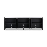 Featuring Etro Black Wash Poplar Media Console by Four Hands at Amethyst Home. Inspired by retro European design, a character-rich media console is made from black-finished poplar, with mortise and tenon joinery spanning its sides. Door pulls of top-grain leather add a textural finishing touch, while three rear cutouts keep cords out of sight.Overall Di. Amethyst Home provides interior design, new home construction design consulting, vintage area rugs, and lighting in the Winter Garden metro area.