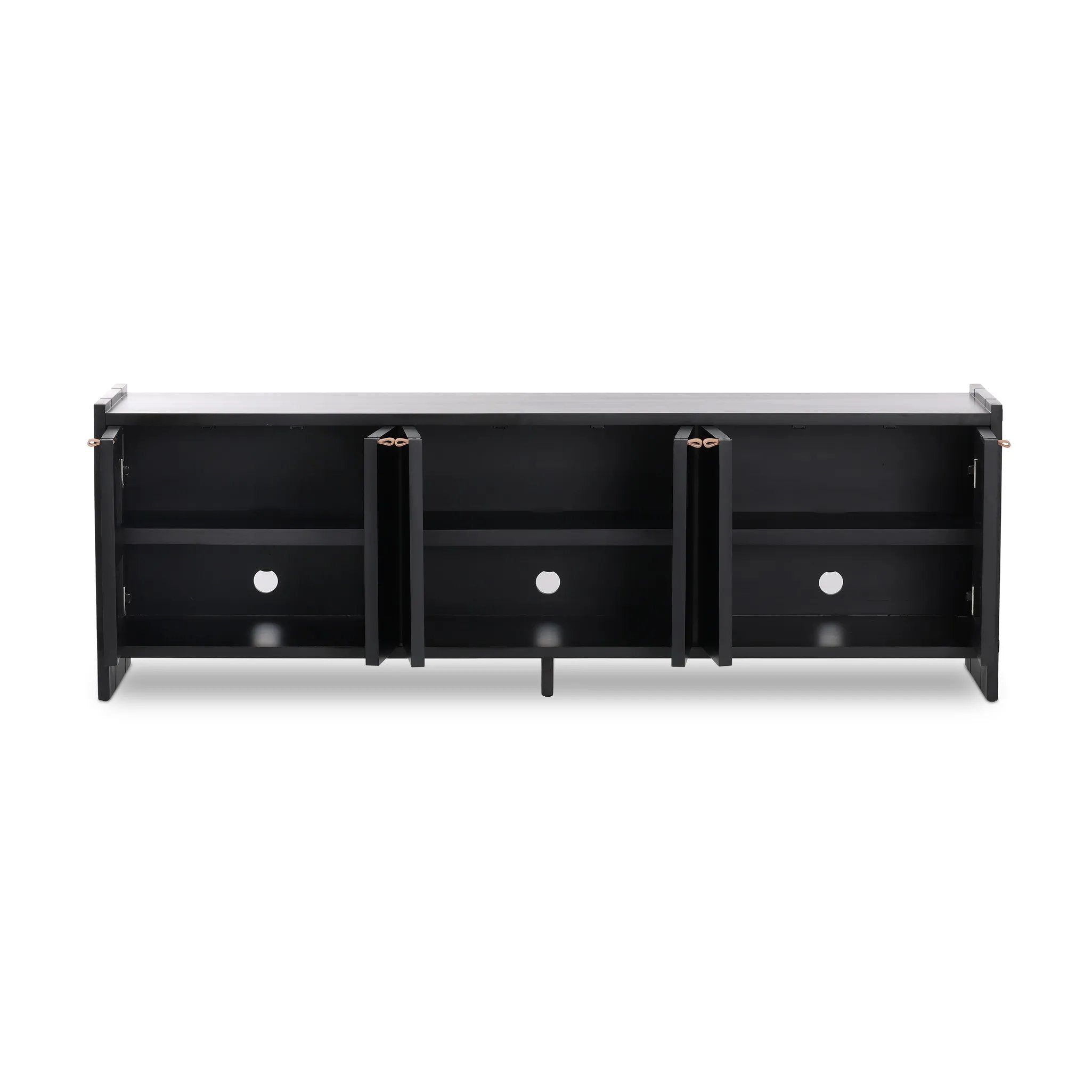 Featuring Etro Black Wash Poplar Media Console by Four Hands at Amethyst Home. Inspired by retro European design, a character-rich media console is made from black-finished poplar, with mortise and tenon joinery spanning its sides. Door pulls of top-grain leather add a textural finishing touch, while three rear cutouts keep cords out of sight.Overall Di. Amethyst Home provides interior design, new home construction design consulting, vintage area rugs, and lighting in the Winter Garden metro area.