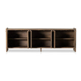 Featuring Etro Tawny Pine Media Console by Four Hands at Amethyst Home. Inspired by retro European design, a character-rich media console is made from solid pine, with mortise and tenon joinery spanning its sides. Door pulls of top-grain leather add a textural finishing touch, while three rear cutouts keep cords out of sight.Overall Dimensions: 78.00"w x 18.0. Amethyst Home provides interior design, new home construction design consulting, vintage area rugs, and lighting in the Houston metro area.