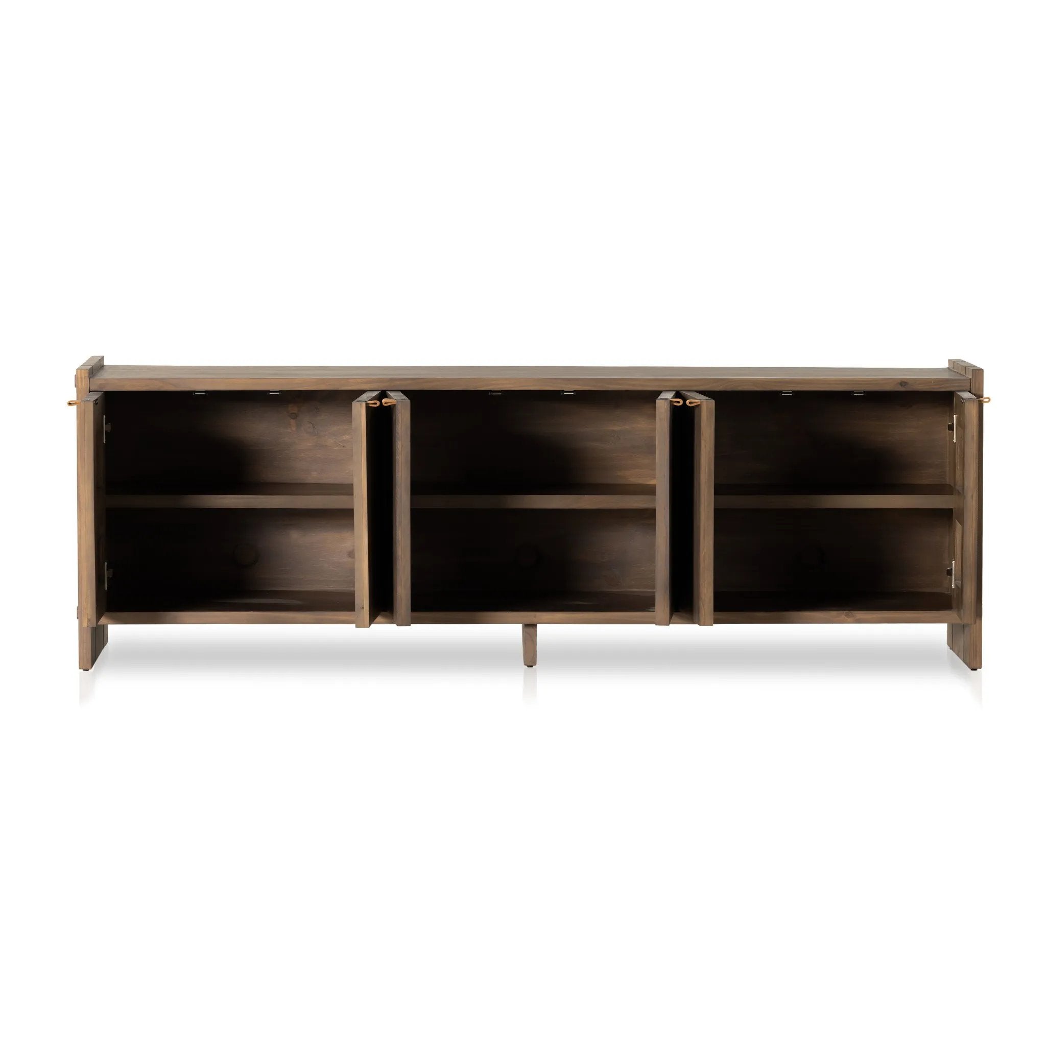 Featuring Etro Tawny Pine Media Console by Four Hands at Amethyst Home. Inspired by retro European design, a character-rich media console is made from solid pine, with mortise and tenon joinery spanning its sides. Door pulls of top-grain leather add a textural finishing touch, while three rear cutouts keep cords out of sight.Overall Dimensions: 78.00"w x 18.0. Amethyst Home provides interior design, new home construction design consulting, vintage area rugs, and lighting in the Houston metro area.