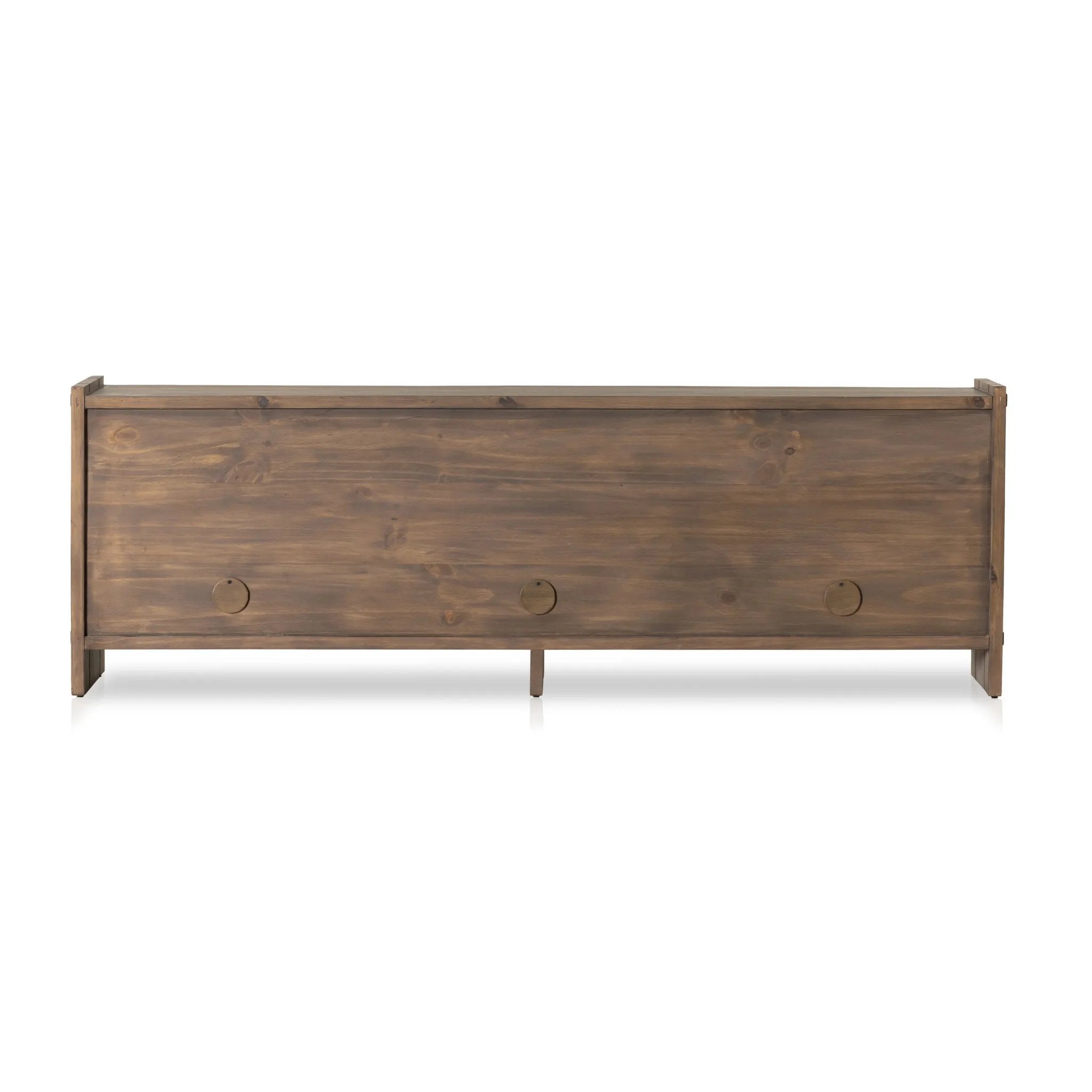 Featuring Etro Tawny Pine Media Console by Four Hands at Amethyst Home. Inspired by retro European design, a character-rich media console is made from solid pine, with mortise and tenon joinery spanning its sides. Door pulls of top-grain leather add a textural finishing touch, while three rear cutouts keep cords out of sight.Overall Dimensions: 78.00"w x 18.00". Amethyst Home provides interior design, new home construction design consulting, vintage area rugs, and lighting in the Omaha metro area.