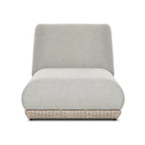 Play with contrast — in shape, material and proportion. Generous, sink-in cushioning sits atop a small, tapered woven plinth base, with structured upholstery with heavy texture inviting a comfortable sit on this outdoor chaise. Cover or store indoors during inclement weather and when not in use. Amethyst Home provides interior design, new home construction design consulting, vintage area rugs, and lighting in the Boston metro area.