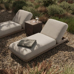 Play with contrast — in shape, material and proportion. Generous, sink-in cushioning sits atop a small, tapered woven plinth base, with structured upholstery with heavy texture inviting a comfortable sit on this outdoor chaise. Cover or store indoors during inclement weather and when not in use. Amethyst Home provides interior design, new home construction design consulting, vintage area rugs, and lighting in the Washington metro area.