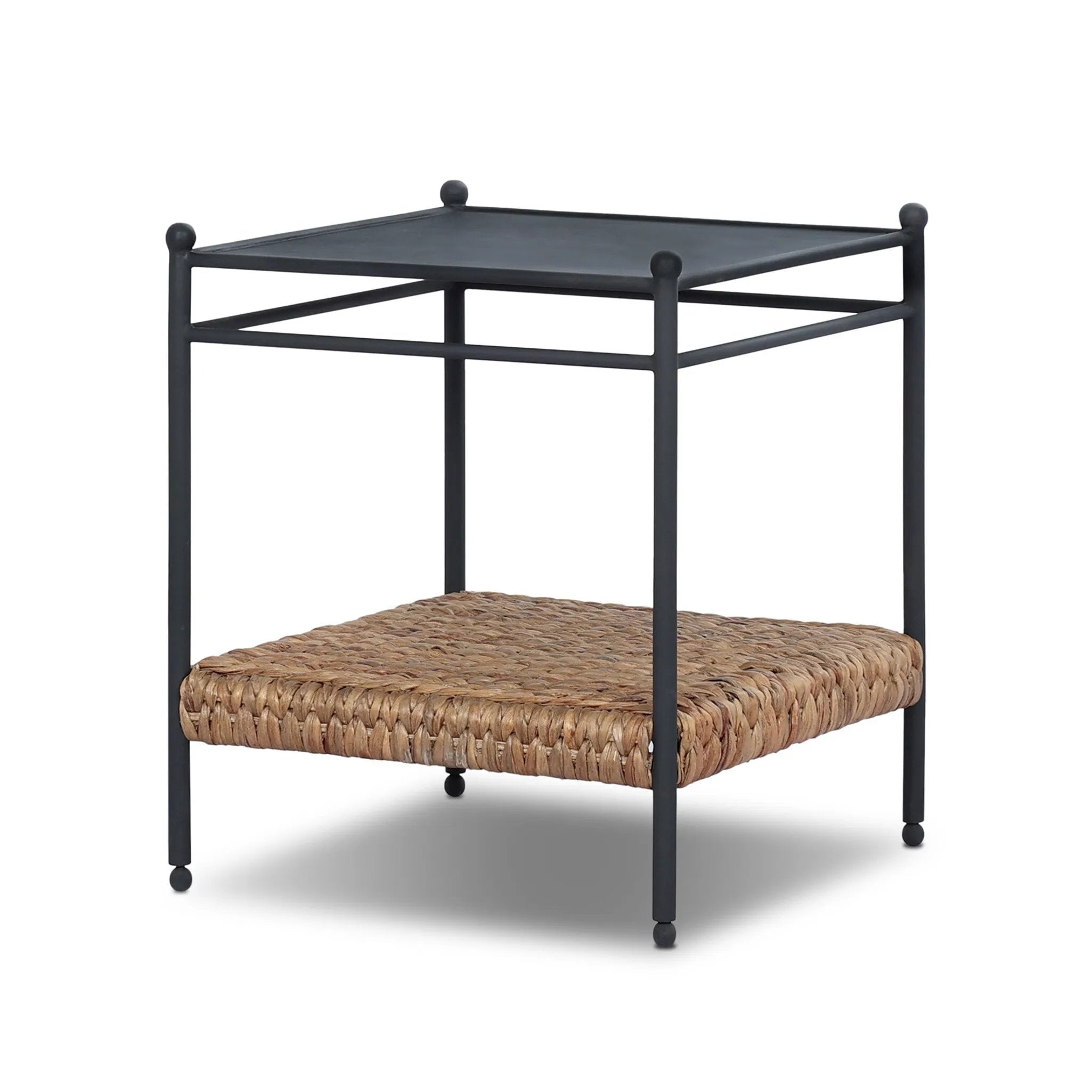 Work subtle coastal vibes into any room with this mixed-material end table, pairing woven hyacinth with charcoal-finished steel. Simplified heritage ball detailing on each leg adds a design-forward touch.As fans of organic modern aesthetics at Amethyst, we love the designer inspired Evanne End Table - Charcoal Iron. Amethyst Home provides interior design, new home construction design consulting, vintage area rugs, and lighting in the Des Moines metro area.