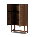 Made from solid oak and finished in a rich cocoa, tall cabinetry is carved with a unique grid-like pattern, for an organic look and textural touch. Interior shelving made from solid mango brings bonus storage to any room. Subtle variations in natural wood graining to be expected Amethyst Home provides interior design, new home construction design consulting, vintage area rugs, and lighting in the Monterey metro area.