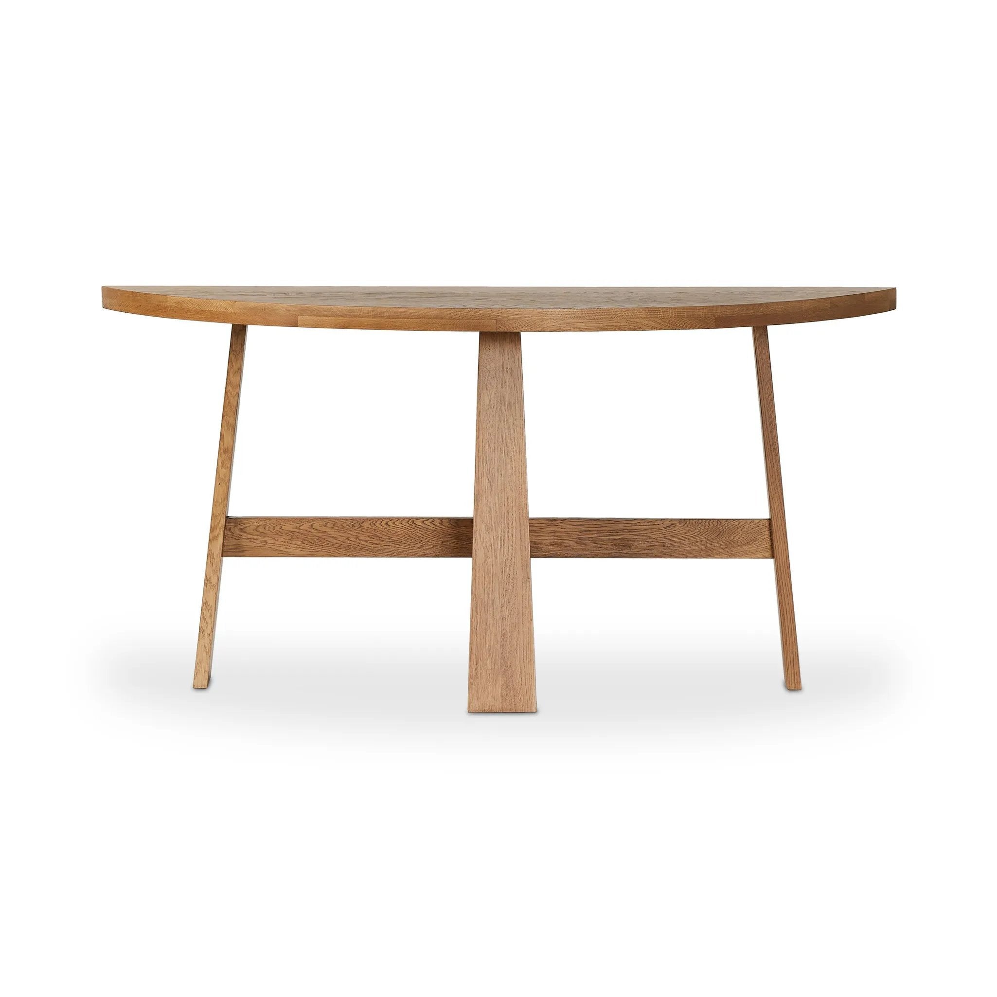 Made from light brown oak, a tripod base supports a uniquely shaped tabletop for a look that feels both simple and artistic Amethyst Home provides interior design, new home construction design consulting, vintage area rugs, and lighting in the Los Angeles metro area.