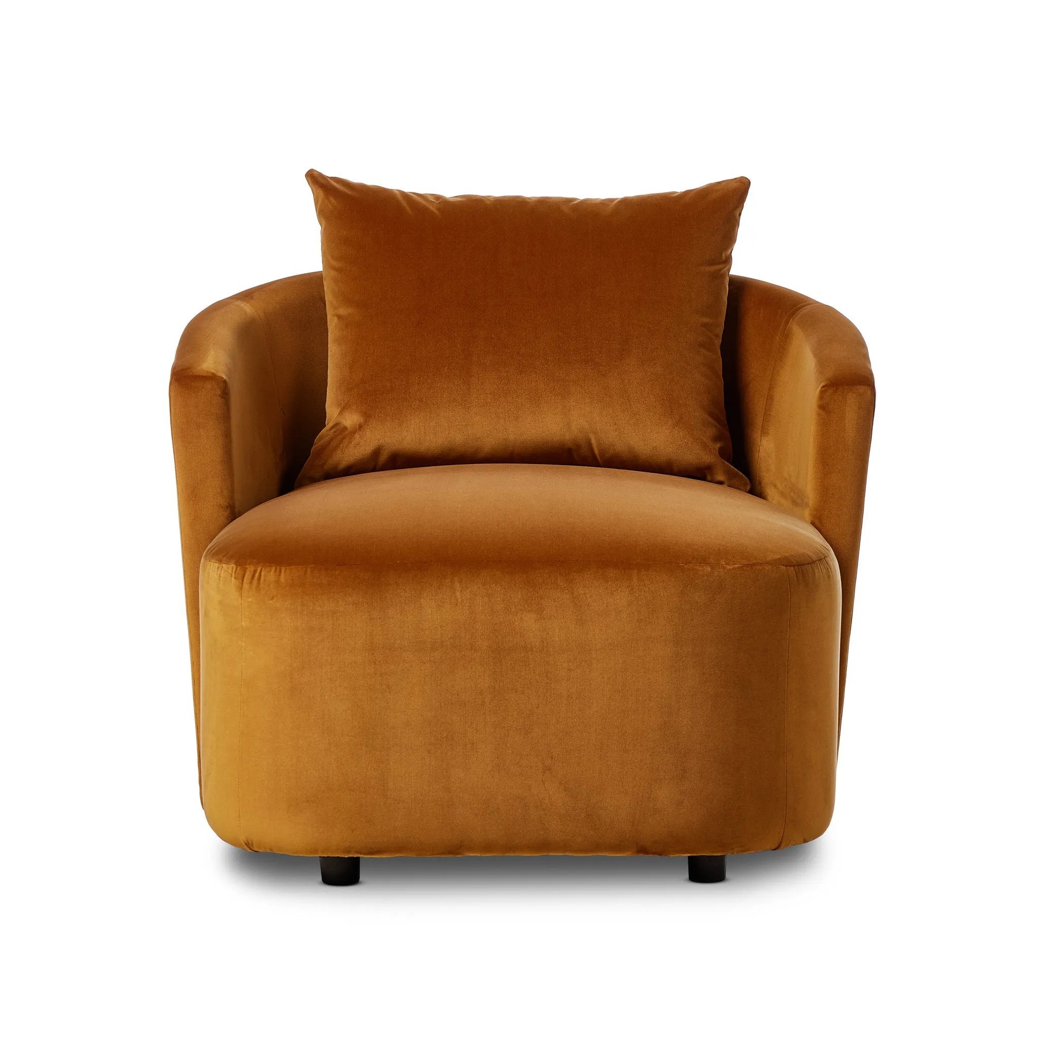 Velvety, burnt orange polyester covers this sculpted pill shape lounger, with a single pillow for added comfort Amethyst Home provides interior design, new home construction design consulting, vintage area rugs, and lighting in the Laguna Beach metro area.