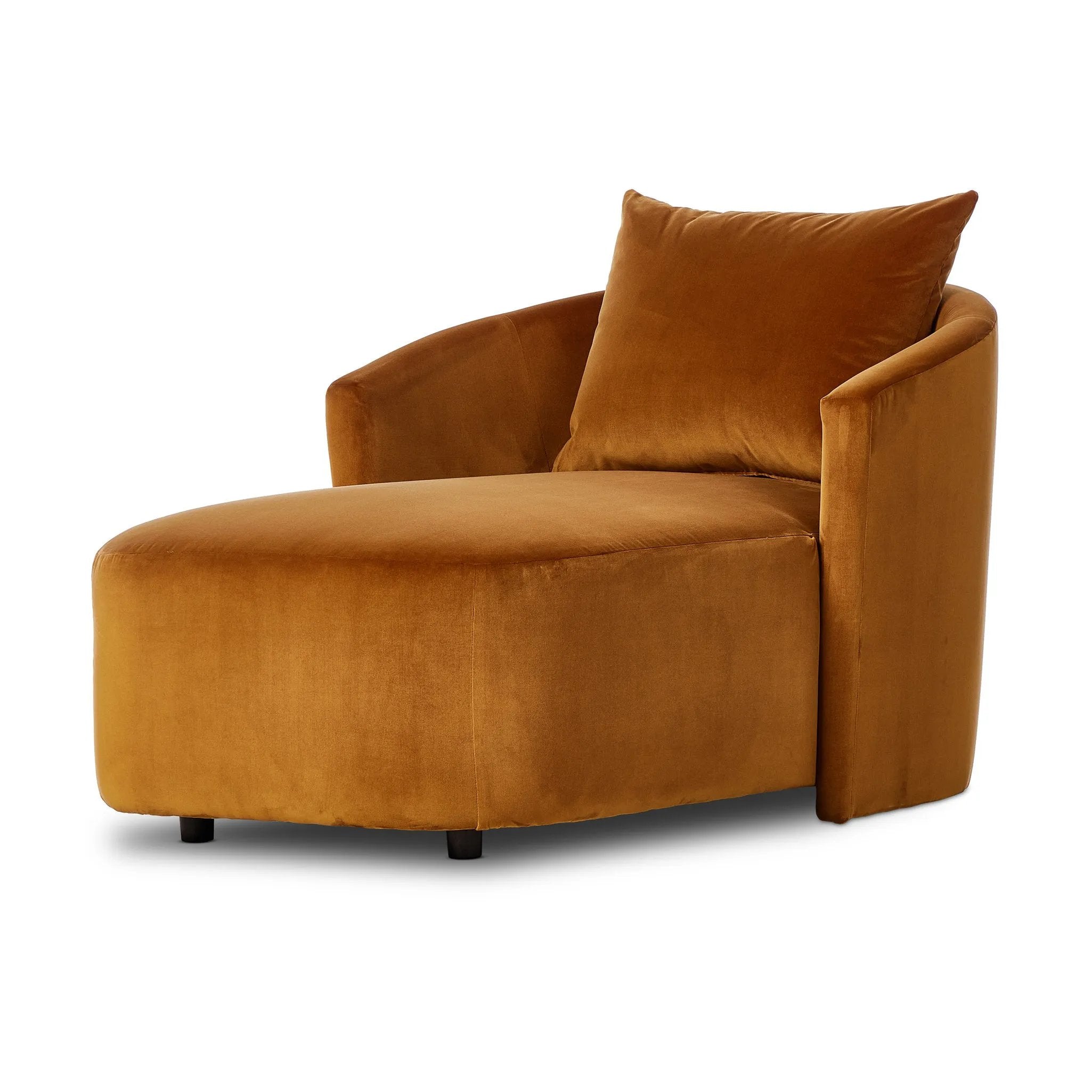 Velvety, burnt orange polyester covers this sculpted pill shape lounger, with a single pillow for added comfort Amethyst Home provides interior design, new home construction design consulting, vintage area rugs, and lighting in the Seattle metro area.