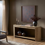 Featuring Farrow Drifted Oak Veneer Console Table by Four Hands at Amethyst Home. A simple pill-shaped console table, refreshed with intriguing design details. Made from warm, light-finished oak, open lower shelving creates endless storage and styling options for your living or media room. Three drawers bring even more storage, while bullnose and relief de. Amethyst Home provides interior design, new home construction design consulting, vintage area rugs, and lighting in the Alpharetta metro area.